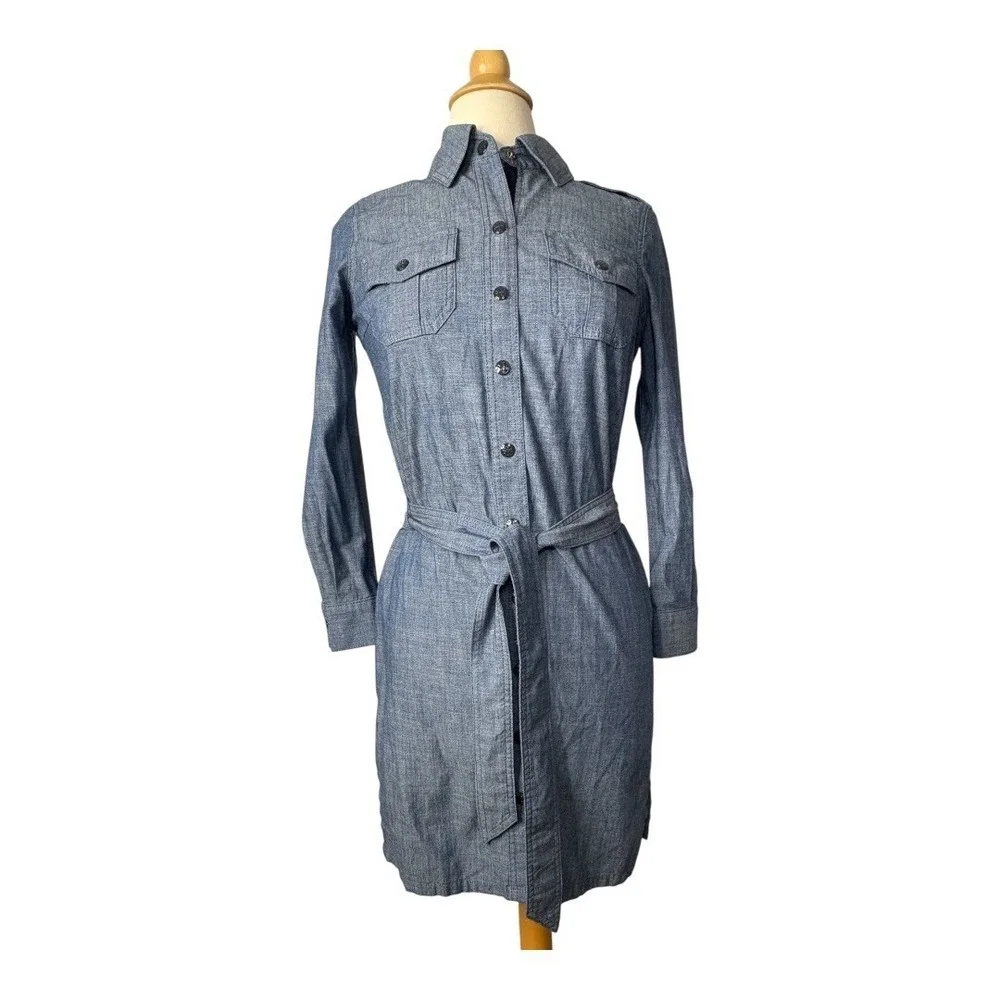 Tory Burch Chambray‎ Shirt Dress Size 2 Blue Belted Military Utility Long Sleeve